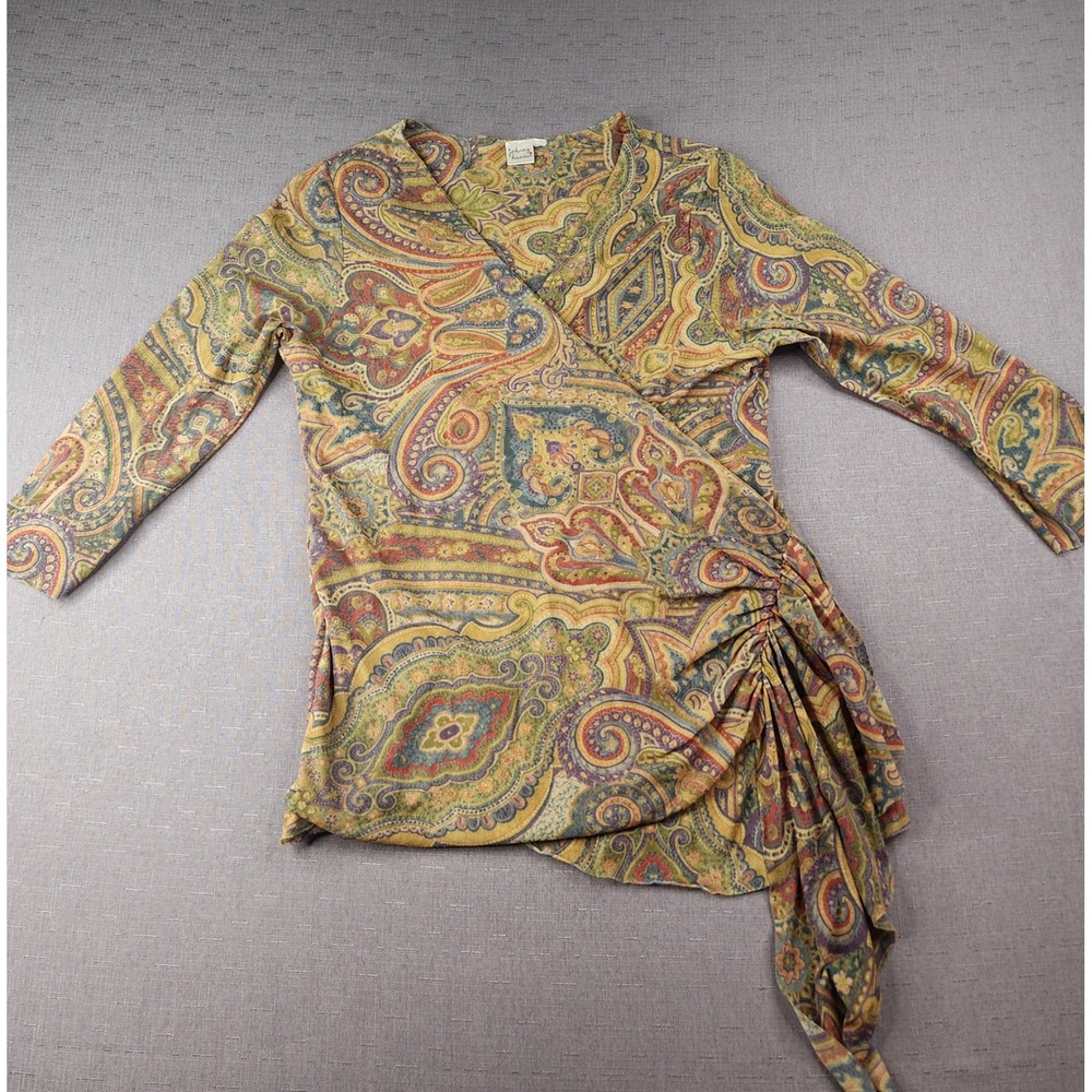 Johnny Heaven Womens Paisley Faux Wrap Shirt V-Neck Side Ruched Boho Shirt Small